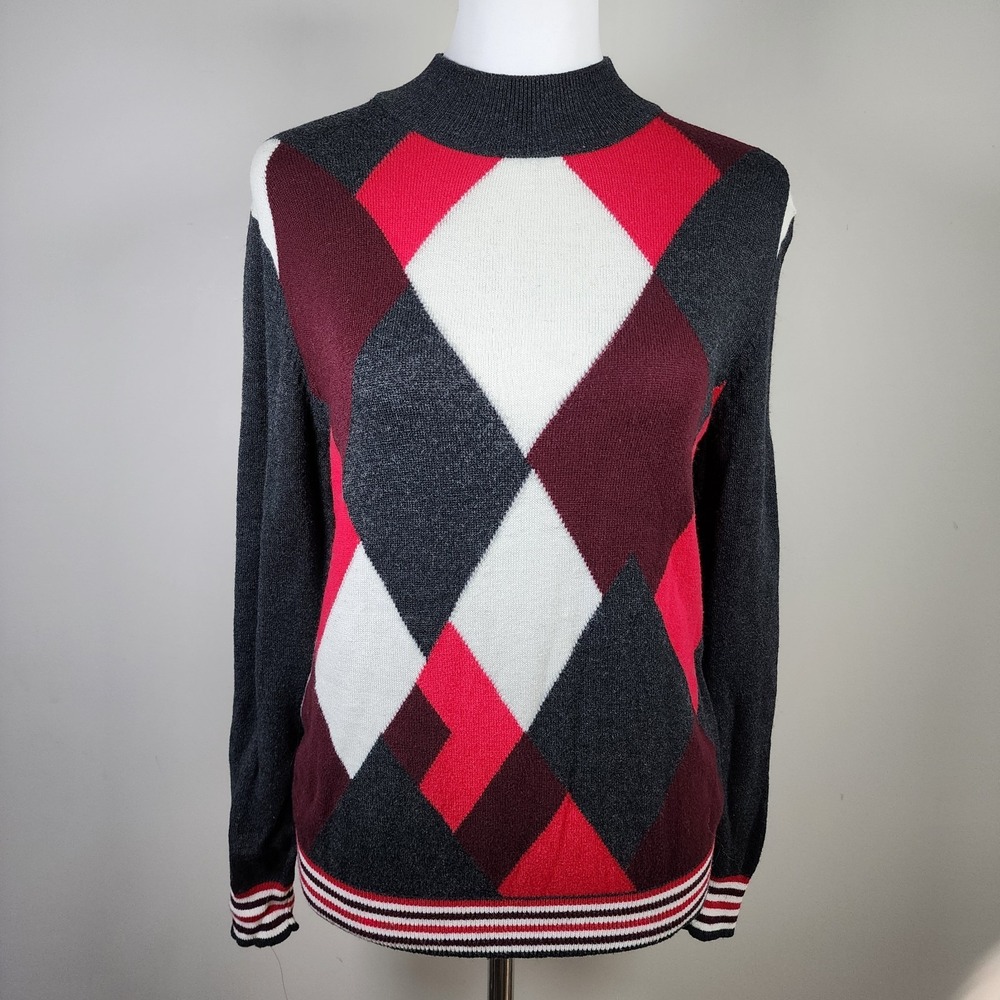Women’s Argyle Mock Neck Sweater - Red, White, Charcoal